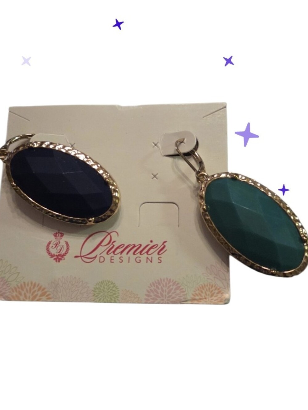 Reversable Premier Designs Teal and Navy Faceted Oval Drop Earrings in Gold-Tone
